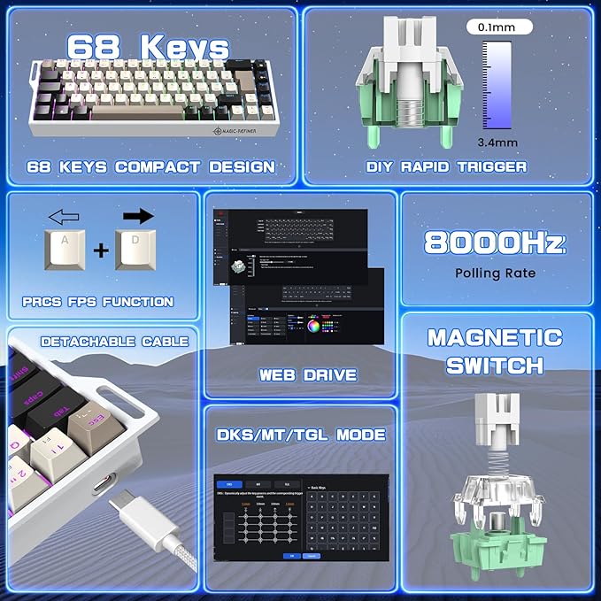 MAGIC-REFINER X68 HE Wired 60% Hall Effect Rapid Trigger Mechanical RGB Gaming Keyboard with 8K Polling,0.04mm RT Accuracy,Magnetic Switch,Adjustable Actuation,Snap Tap for PC Mac Esport Gamer(Cheese)