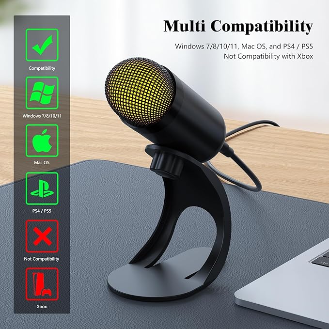 LIANGSTAR USB Computer Microphone, Podcast Mic Desktop with Mute Button for Recording Streaming, Color Change, Omnidirectional Condenser, Plug and Play with Stand for PC, Laptop, Mac, YouTube