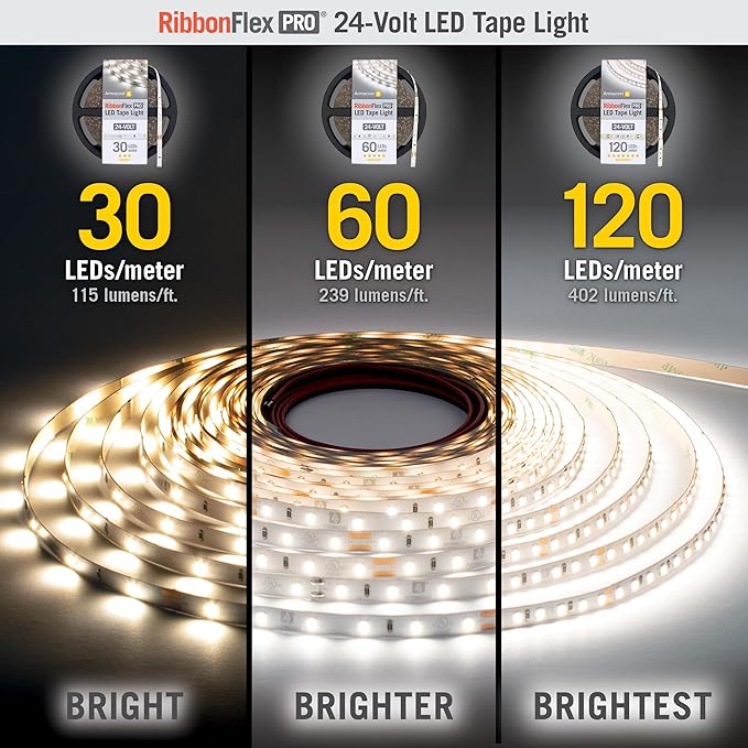 Armacost Lighting RibbonFlex Pro 24V White LED Strip Lights 60 LED/m, 2700K, 65.6 ft 135260