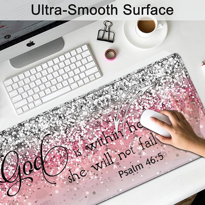 Large Gaming Mouse Pad, Extended Waterproof Desk Pad Protector (31.5" x 11.8") Ergonomics Memory Foam Mouse Wrist Rest Support, for Home Office Laptop Easy Typing, Psalm 46:5 Pink Glitter Mouse Mat
