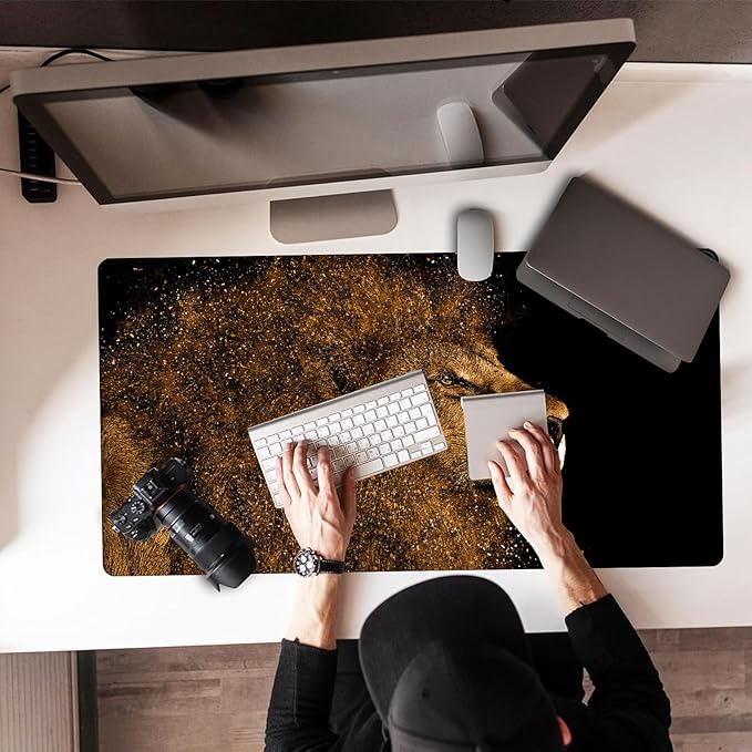 Large Gaming Mouse Pad 31.5"x15.7"｜ Golden Lion-Themed XXL Keyboard Pad, Mouse Mat, Desk Pad, Non-Slip Rubber Base & Stitched Edges Desk Mat- Big Extended Mousepad for PC/Laptop/Office/Home Decor