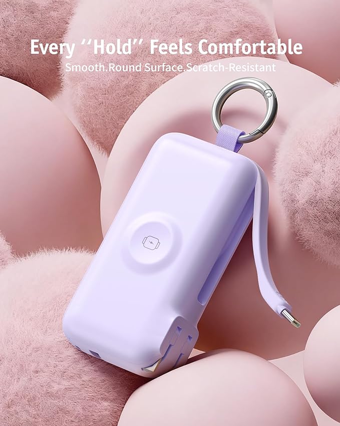 RORRY Flow Portable Charger, 10000mAh 40W Fast Charging Power Bank with Built-in USB C Cable and Foldable Wall Plug, Battery Pack Travel Essentials for iPhone 17/16/15, Apple Watch, iPad, MacBook
