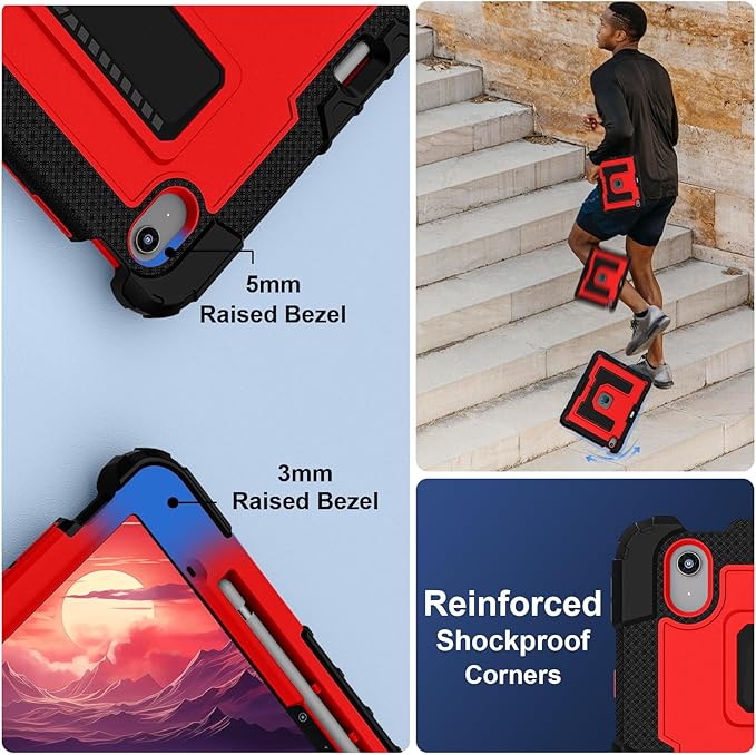 Kids Friendly Case for iPad Air 13 Inch M4 M3 M2 2026/2025/2024 Case with Pencil Holder & Shoulder Strap, Military Grade Shockproof Kickstand Hard Shell Protective Cover,Black+Red