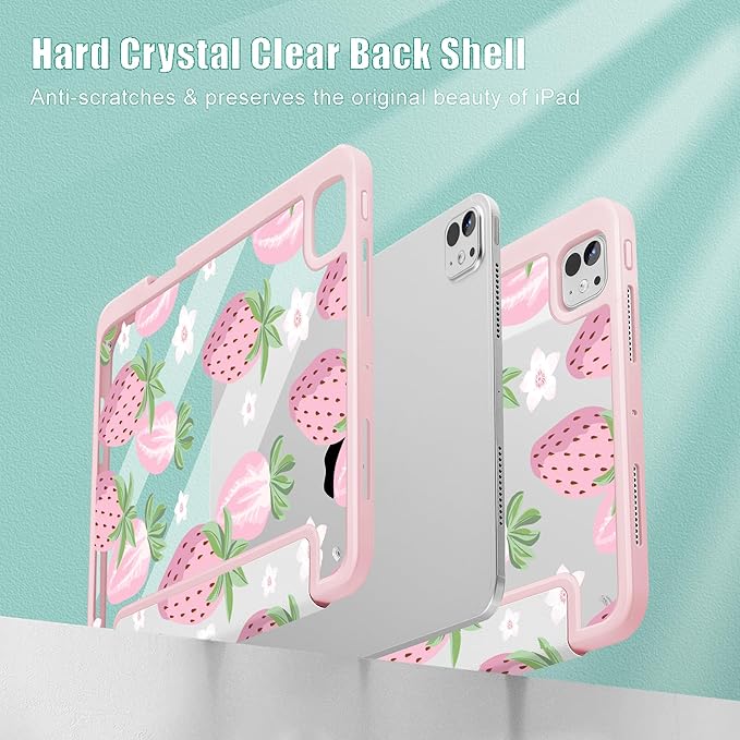 May Chen for iPad Pro 13 Inch Case M5 2025 / M4 2024, Built Pencil Holder & Clear Transparent Print Back Shell Slim Stand Shockproof Tablet Cover, Auto Wake/Sleep, Strawberries