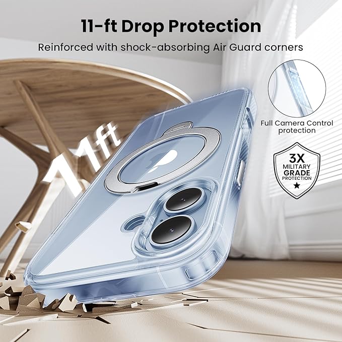 360°Ring Stand for iPhone 17 Case with 1X Screen Protector +1X Camera Cover,Shockproof,Dropproof,Fit for MagSafe, Anti-Yellowing & Scratch-Resistant Back Phone Case for iPhone 17 6.3", Clear Stand Set