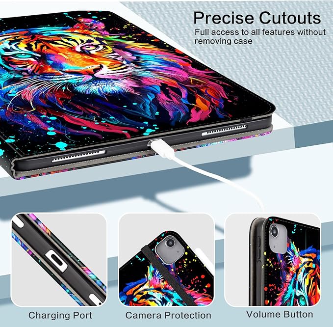 Lokigo for iPad Air 13 Inch Case M4/M3/M2 (2026/2025/2024), iPad Pro 12.9 Inch Case 6th/5th/4th/3rd Gen with Pencil Holder/Hand Strap/Pocket, Support Touch ID, Multi Angles View Stand, Tiger