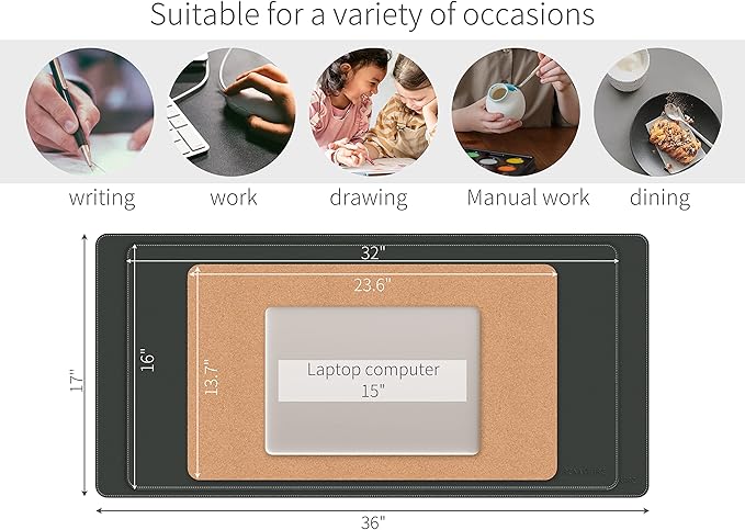 RENMTURE Dual-Sided Mouse Pad, Natural Cork & PU Leather Large Desk Pad for Office and Home Work, Desk Protector Non-Slip, Waterproof, Easy Clean (Black, 23.6" x 13.7")