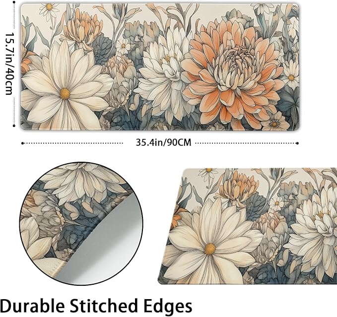 Japanese Minimalist Floral Desk Mat Vintage Botanical Flower Mouse Pad Beautiful Flowers Desk Pad 35.4”x15.7” Cute Floral Gaming Mouse Pad with Non-Slip Rubber Base Stitched Edge for Home Office Work