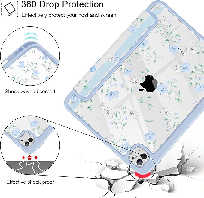 May Chen for iPad Pro 13 Inch Case M5 2025 / M4 2024, Built Pencil Holder & Clear Transparent Print Back Shell Slim Stand Shockproof Tablet Cover, Auto Wake/Sleep, Flower Blue Waves