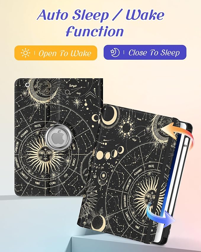Kidcube for iPad 9th/8th/7th Generation Case 10.2 Inch - for Women Girls Cute Rotating Stand Folio Cover with Pencil Holder & Card Slot Girly Sun Moon Stars Design Teens for iPad 9th/8th/7th Gen Cases