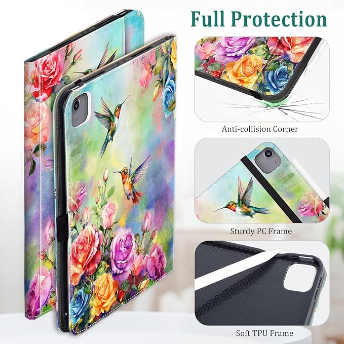 Lokigo for iPad Air 13 Inch Case M3/M2 (2025/2024) iPad Pro 12.9 Case (6th/5th/4th/3th Gen 2022/2021/2020/2018) with Pencil Holder, Support Touch ID and Auto Wake/Sleep (Hummingbird Floral)