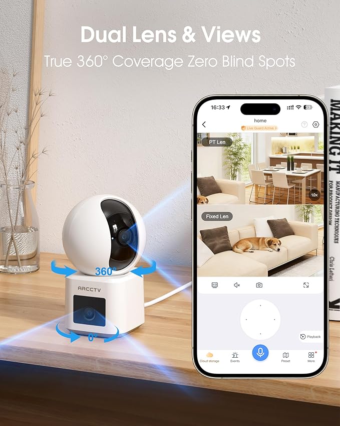 ARCCTV Dual Lens Indoor Security Camera, 2.5K WiFi 6 Pet Camera with Phone App, 360° Dog Camera for Home Security, 5GHz Wireless, 2-Way Audio, Motion Tracking, Night Vision, Baby Monitor