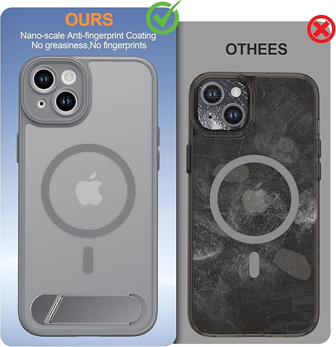 Magnetic Compatible with iPhone 15 Plus Case, [Built-in Kickstand][Full Camera Protection][Compatible with MagSafe][Anti-Fingerprint] Shockproof Phone Case for iPhone 15 Plus 6.7",Gray