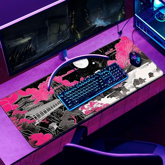 Future Kyoto Mouse Desk Pad Japanese Pink Desk Mat Desk Decor Black White Large Gaming Mouse Pad for Desk Mousepad Computer Office Keyboard Laptop Big Mouse Pad Xl-31.5x11.8 in
