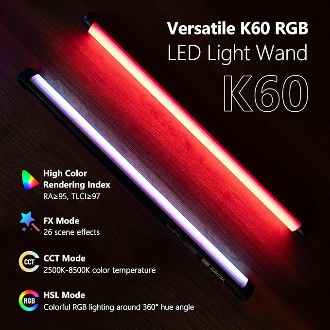 VILTROX K60 RGB LED Light Wand, Handheld 360° RGB LED Video Light Stick for Photography with APP Control, 2500K-8500K Dimmable, CRI97+, 2200mAh Rechargeable Battery,26 Light Scenes,LCD Display