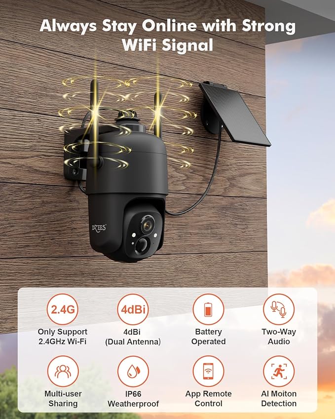 Dzees Security Cameras Wireless Outdoor, 2K Pan/Tilt 360° View Solar/Battery Powered WiFi Cameras for Home Security with AI Motion Detection,Color Night Vision, 2-Way Audio, SD/Cloud Storage 2 Pack