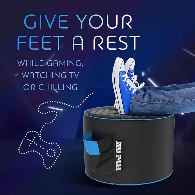 Throne Boss Gaming Footstool - Cover ONLY No Filling - Matching Bean Bag Chair Pouf/Ottoman - Round Gamer Foot Stool Footrest with Drink Holder (Blue)