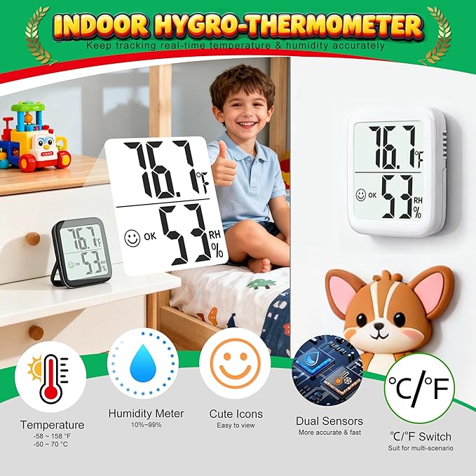 Antonki 2 Pack Room Thermometer for Home, Hygrometer Indoor Humidity Meter Gauge, Digital Temperature and Humidity Monitor Sensor for House, Terrarium, Incubator, Greenhouse - Battery Included