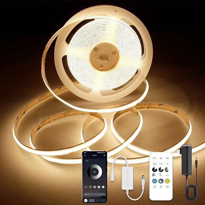 AXMOTUT COB LED Strip Lights with RF Remote, 24V 32.8ft Warm White Dimmable LED Light Strips, High Bright 3000K LED Lights with Power Supply for Room, Kitchen, DIY Home Decoration
