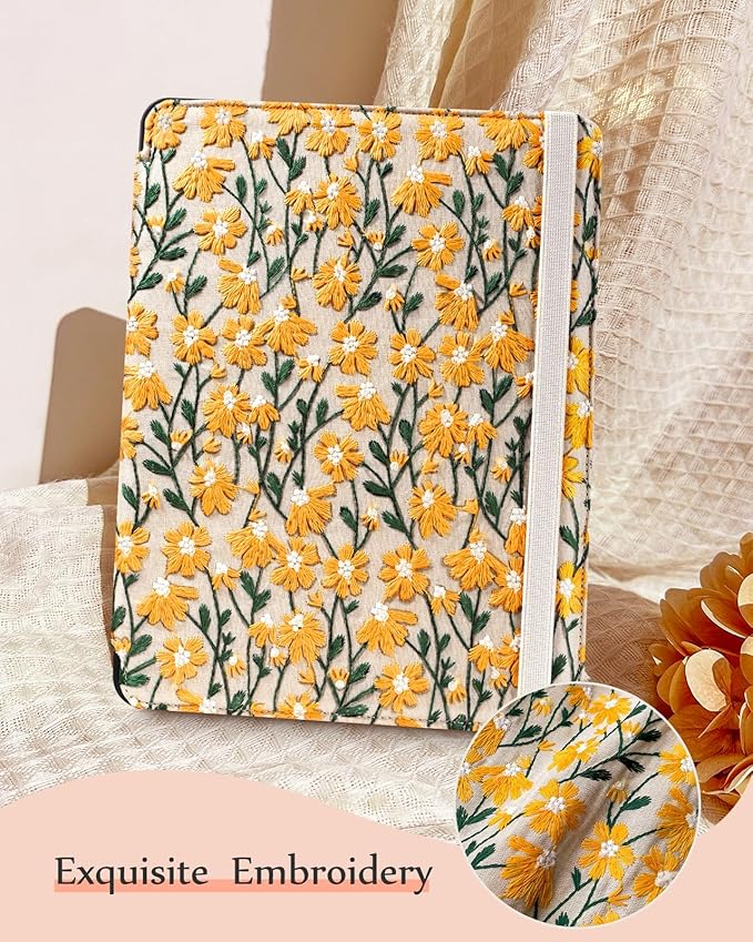 Uppuppy for iPad Air 13 Inch Case M3 2025/M2 2024, for iPad Pro 12.9 Case 6th/5th/4th/3rd Gen - Women Girls Cute Embroidered Folio Stand Cover with Pencil Holder & Card Slot Design Girly Yellow Daisy