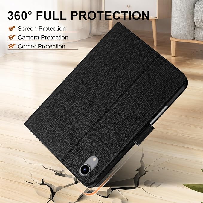 Genuine Leather Case for iPad mini 7th/6th Gen 8.3 Inch 2024/2021 | with Pencil Holder and Adjustable Stand, Magnetic Closure, Auto Wake/Sleep Cover | Black