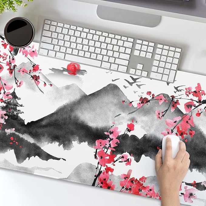 Japanese Cherry Blossom Mouse Pad 35.4 X 15.7 Inch XXL Full Desk Pink Watercolor Art Cool Design Gaming Mousepad Extended Large Non-Slip Rubber Base Keyboard Mat with Stitched Edges