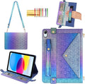 Shiny Case for iPad (A16) 2025 11"/iPad 10th Generation Handbag with Hand Strap, Techcircle Crossbody Iridescent Folio Stand Wallet Case with Pencil Holder+Card Slots+Shoulder Strap, Shiny Indigo