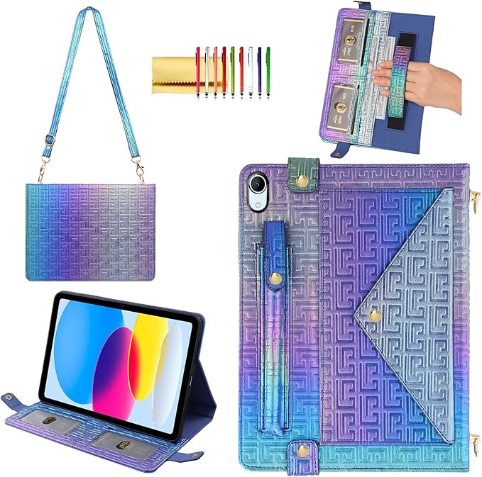 Shiny Case for iPad (A16) 2025 11"/iPad 10th Generation Handbag with Hand Strap, Techcircle Crossbody Iridescent Folio Stand Wallet Case with Pencil Holder+Card Slots+Shoulder Strap, Shiny Indigo