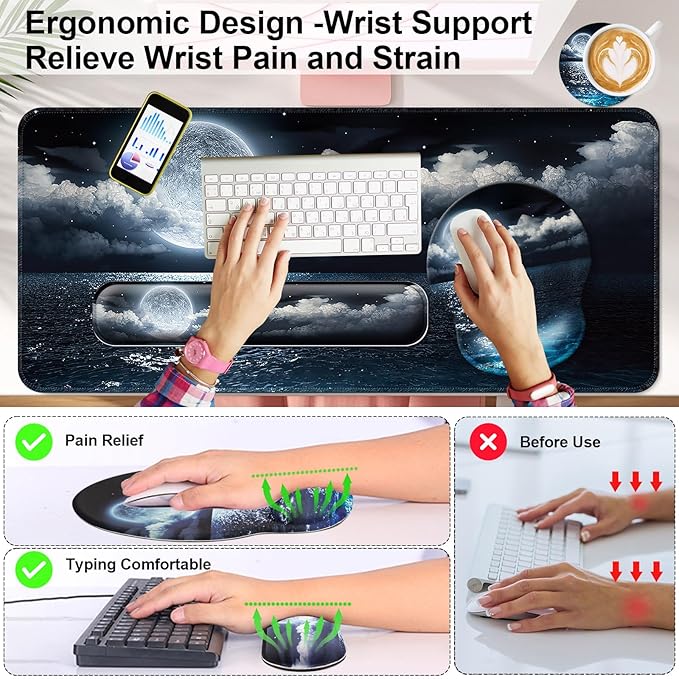 Mouse Pad + Desk Mat + Keyboard Wrist Rest + Coaster 4 in 1 Set, Cute Ergonomic Large Gaming Mousepad with Wrist Rest Support Desk Pad for Computer Laptop Office Home Decor-Moon Ocean
