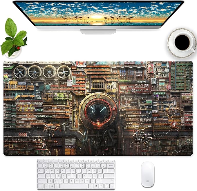 Futuristic Fantasy Mouse Pad, Cyberpunk Style Desk Mat, Extended XL Gaming Mouse Pads, Sci-Fi Computer Pad with Durable Stitched Edges, Non-Slip Washable Office Desktop Decorative Pad 31.5X15.7 Inch