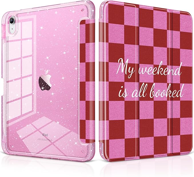 DONGKE for iPad Pro 11 inch Case – Fits M5 2025 / M4 2024, Shockproof Sparkling Glitter Acrylic Back, Pencil Holder, Trifold Stand, Auto Sleep/Wake & Touch ID Support - Red Checkerboard