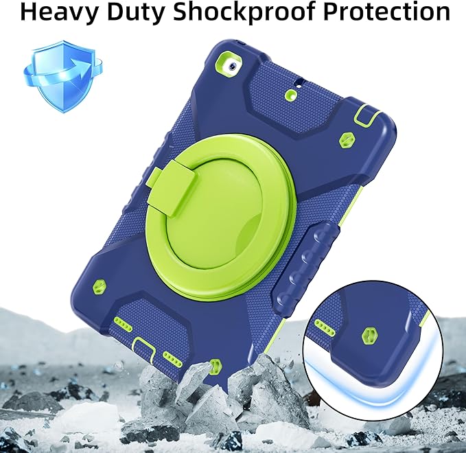 Andnary Case for iPad 6th/5th Generation 9.7 inch 2018/2017 Case, iPad Air 2/Pro 9.7 inch Heavy Duty Protective Cover with 360° Rotate Handle Stand, Pencil Holder, Shoulder Strap (Navy+Green)
