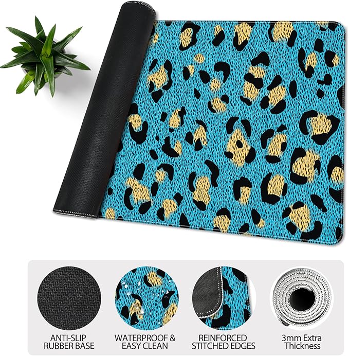 35.4 x 15.7 in, XXL Large Mouse Pad for Desk, Extended Keyboard Mouse Mat for Computer Office, Big Mouse pad with Stitched Edges, Gaming Pc-Leopard Print on Blue
