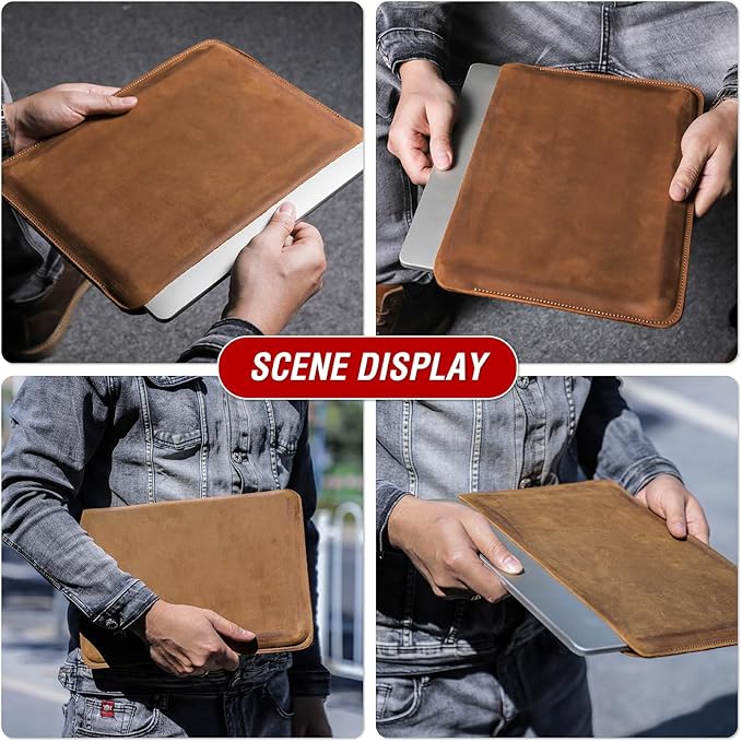Top Grain Leather 13.3" Slim Laptop Sleeve Protector, Minimalist Vintage Design, Fully Handmade, Compatible with MacBook Pro 13.3" MacBook Air 2022 DELL XPS 13" & Other PC, Brown 13.3 Inch