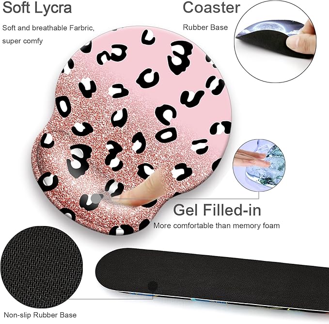 Mouse Pad + Desk Mat + Keyboard Wrist Rest + Coaster 4 in 1 Set, Cute Ergonomic Large Gaming Mousepad with Wrist Rest Support Desk Pad for Computer Laptop Office Home Decor-Glittery Leopards
