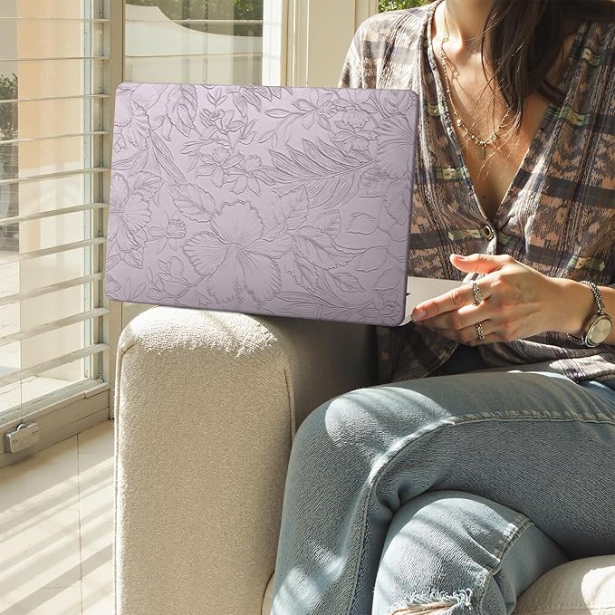 iCasso for MacBook Air 15 inch Case 2026 2025-2023 Release M5 A3448 M4 A3241 M3 A3114 M2 A2941, Texture Leather Plastic Case for MacBook Air 15.3"+ Keyboard Cover + Screen Film, Purple Floral