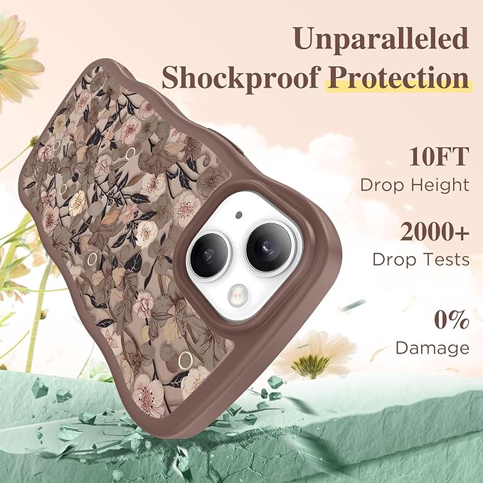 GVIEWIN Cute for iPhone 14 Case & iPhone 13 Case [Compatible with MagSafe] [Curly Wave Edge] Floral Translucent Magnetic Shockproof Protective Phone Cover for iPhone 14/13 6.1'', Apricot Blossom/Brown