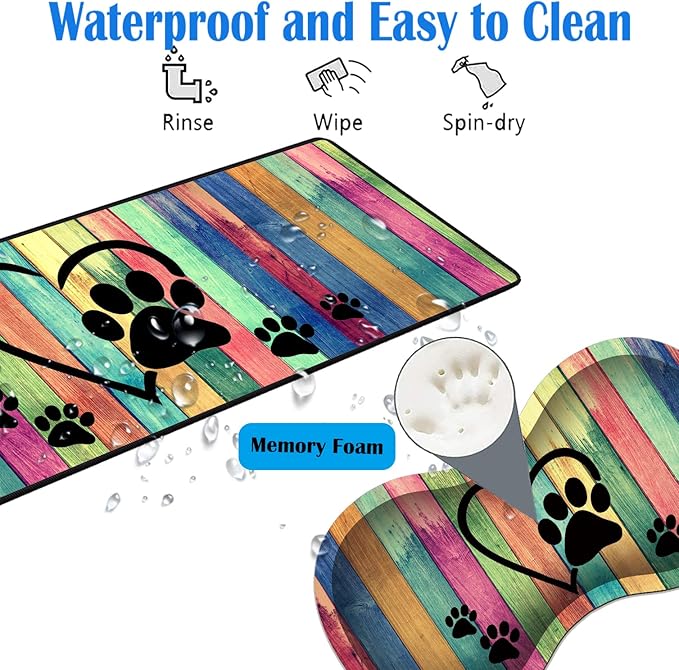 3 Piece Mouse Pad Set with Stitched Edge Large Anti-Slip Mouse Pad Desk Pad Keyboard Pad + Wrist Rest Pad + Coaster, Memory Foam Wrist Rest for Office/Home - Rustic Rainbow Woodgrain Dog Paw