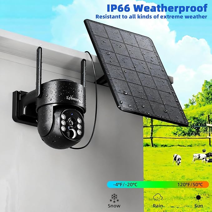 4G LTE Cellular Solar Security Camera Outdoor, No WiFi Needed, 4MP HD Color Night Vision, 360° Pan-Tilt, Built-in SIM Card, AI Motion Detection, 2-Way Talk for Jobsite/Farm