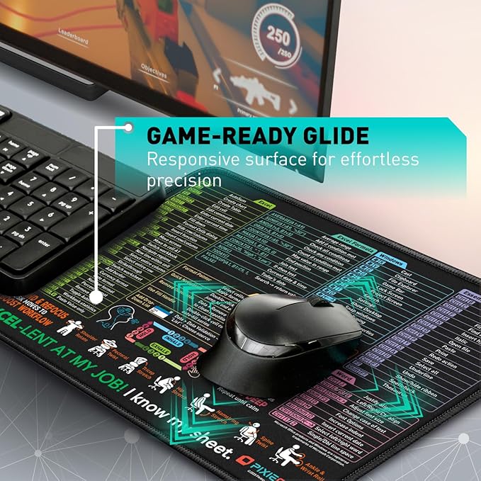 Pixiecube Excel Shortcut Mouse Pad with Windows, Word & PowerPoint Shortcuts - Small Excel Cheat Sheet Desk Pad | Non-Slip Stitched Gaming Mousepad | Large Mouse Pads for Desk Computers & Workstations