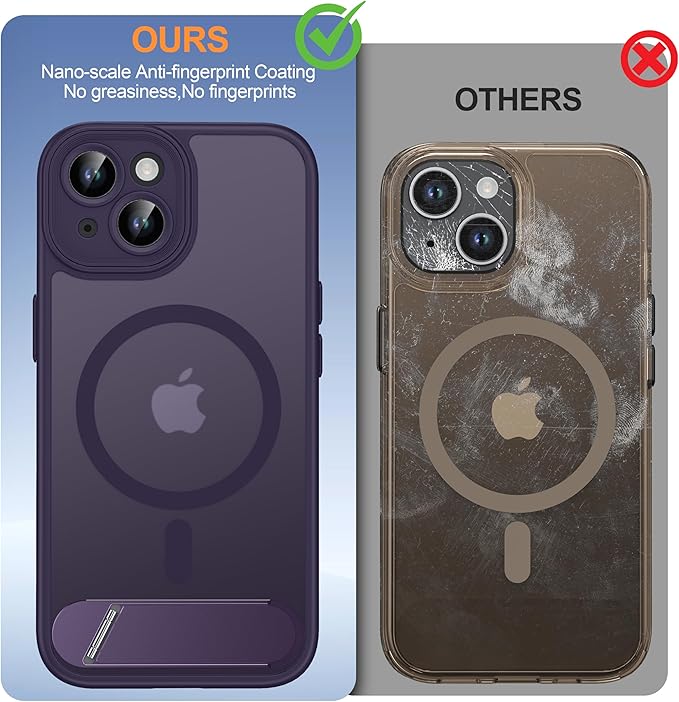 Magnetic Compatible with iPhone 15 Case, [Built-in Invisible Kickstand][Compatible with MagSafe][Full Camera Protection] Translucent Matte Phone Case for iPhone 15 6.1" Purple