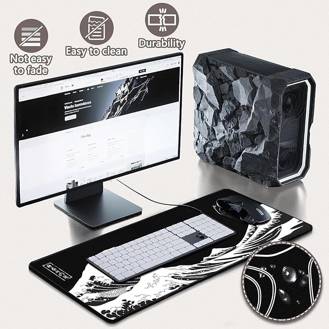 Mouse Pad Gaming - Desk Mat for Keyboard and Mouse - Kanagawa Large Mouse Pad for Desk, Japanese Sea Wave Mousepad (31.5 x 11.8inch) with Non-Slip Base, Desks Pad Mat for Game, Office and Home