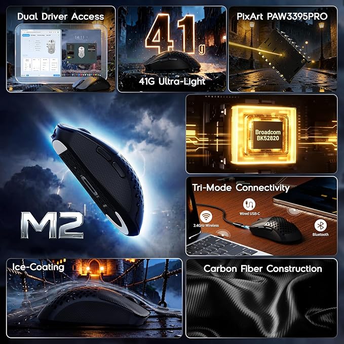 MAMBASNAKE M2 Carbon Fiber Wireless Gaming Mouse,PAW3395PRO 40K DPI Optical Sensor,41g Ultra Lightweight Ergonomic,Programmable Buttons BT/2.5Ghz/Wired Computer Mice for PC/Mac-Black&Griptape