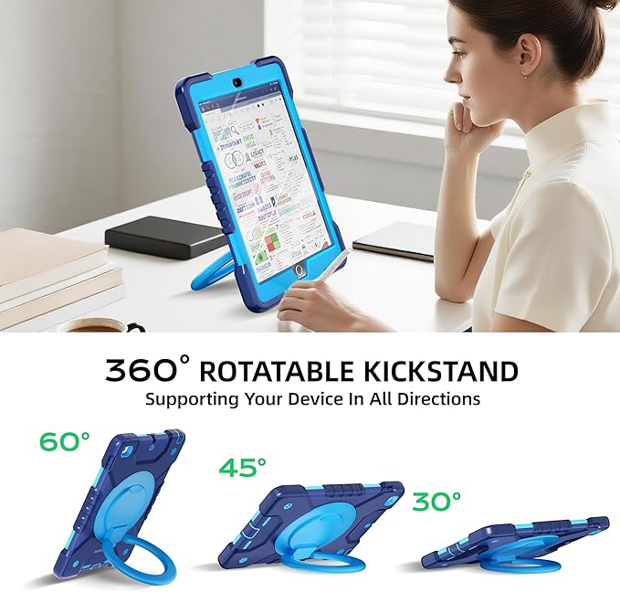 Andnary Case for iPad 6th/5th Generation 9.7 inch 2018/2017 Case, iPad Air 2/Pro 9.7 inch Heavy Duty Protective Cover with 360° Rotate Handle Stand, Pencil Holder, Shoulder Strap (Navy+Blue)