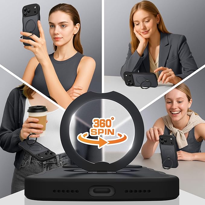 GolbinBox for iPhone 17 Pro Case for Women,[Compatible with Magsafe][360° Spin Magnetic Stand][Cute Wave Edge][Military-Grade Protection] Translucent Matte Phone Case for iPhone 17 Pro, Black