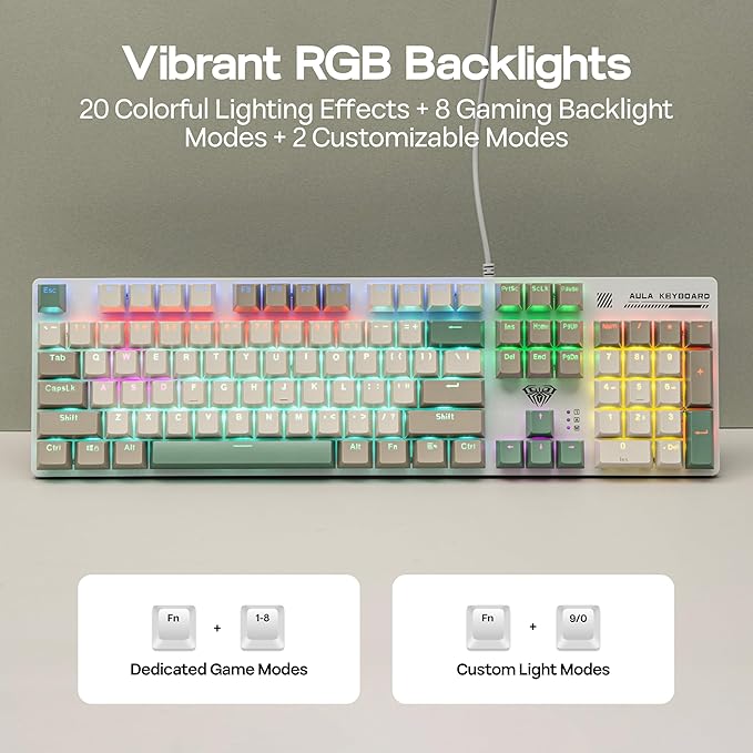 MechLands Aula S500 Wired Gaming Keyboard, 100% Full Size Mechanical Keyboard with Number Pad, 104 Keys, NKRO, RGB Backlits, Shine Through Keycaps, Ergonomic for PC E-sports (White&Green, Blue Switch)