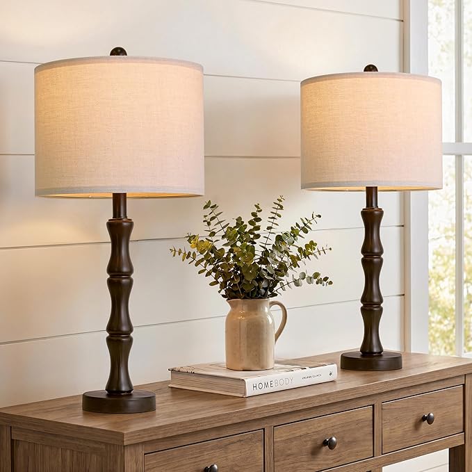 BOBOMOMO 25" Classic Table Lamps Set of 2, Farmhouse Nightstand Lamps with Dark Brown Resin Base & Linen Shade, Standard Table Lamps for Bedroom, Living Room, Hallway & House Décor