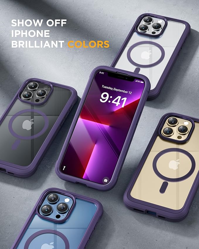 Miracase Magnetic for iPhone 13 Pro Max Case 6.7 inch, (Compatible with MagSafe) Upgrade Full-Body Clear Phone Bumper Case with Built-in 9H Tempered Glass Screen Protector, Magnetic Purple