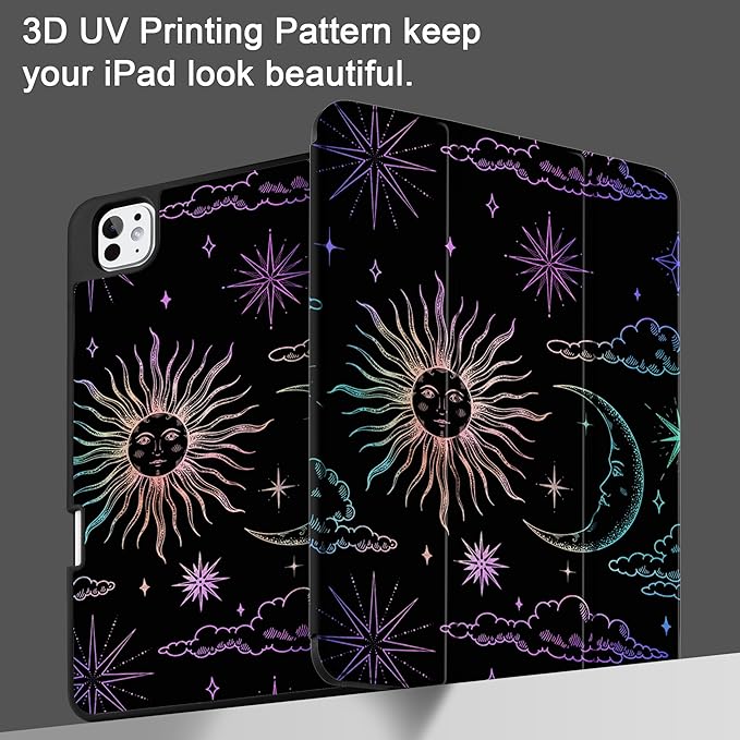 DONGKE Case for iPad Pro 11 inch (M5 2025 / M4 2024, 6th & 5th Generation) – [Built-in Pencil Holder] Ultra Slim PU Leather Trifold Stand Cover with Soft TPU Back, Auto Wake/Sleep, Sun & Moon