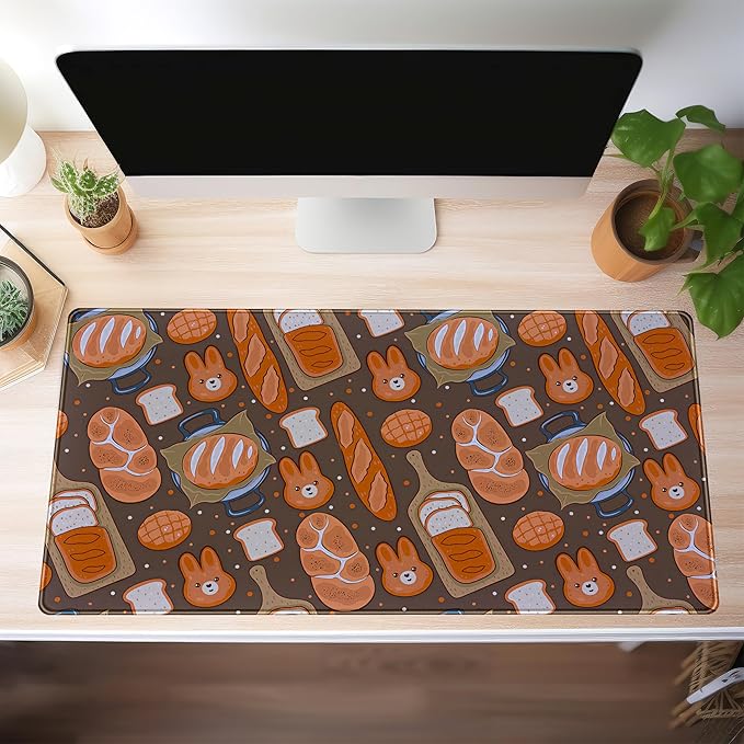 Kawaii Desk Mat Cute Mouse Pad Large Gaming Desk Pad, Bunny Bread Keyboard Mat Extended, Full Desktop Computer Mouse Mat XXL, Pastries Food Desk Decorations for Women Office 31.5x15.7 Inch
